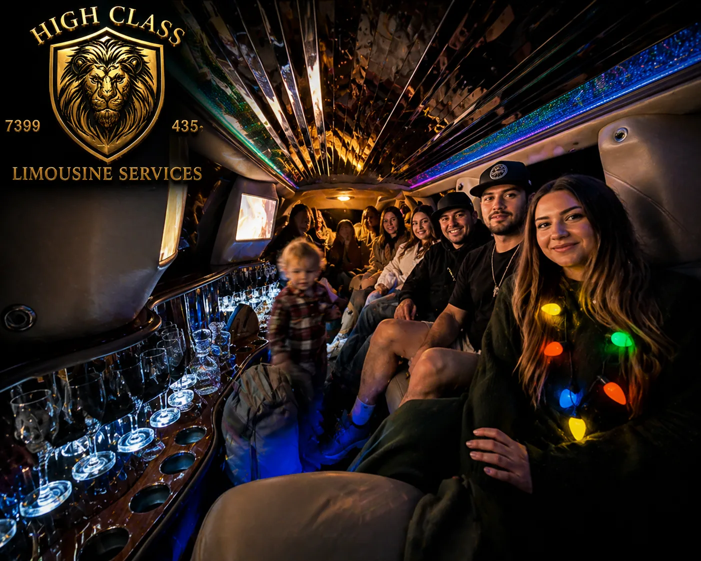 Limousine interior with gold mood lighting