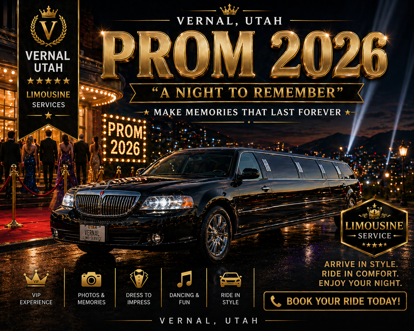 Students in formal wear with limousine on prom night